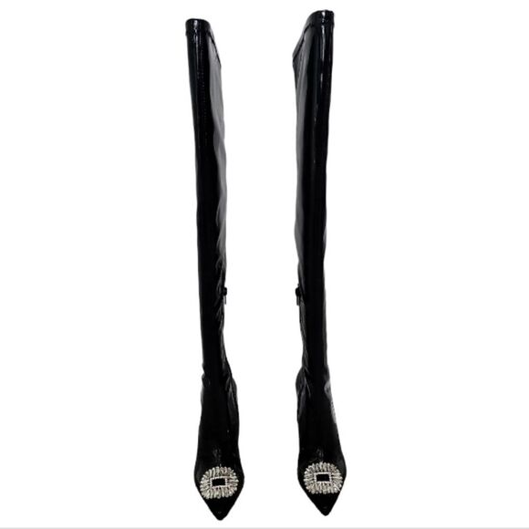 Inc  Black Over the Knee  Patient Leather W Sparkling Toe Piece Black Sz 6M NWT - Picture 2 of 8